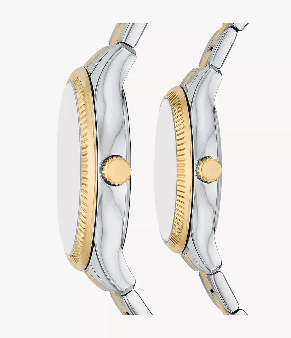 Couple Set-Fossil Quartz Multifunction Two-Tone Steel Bracelet Silver Dial Watch