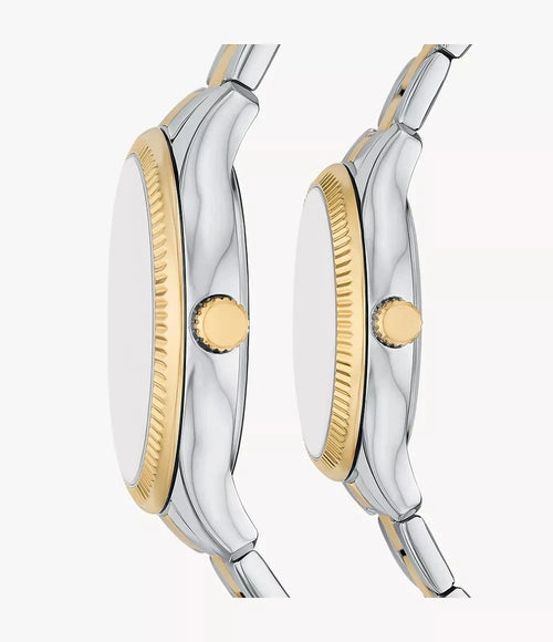 Couple Set-Fossil Quartz Multifunction Two-Tone Steel Bracelet Silver Dial Watch