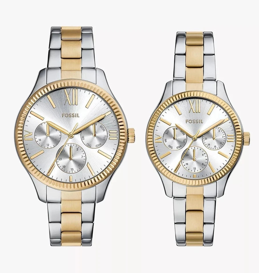 Couple Set-Fossil Quartz Multifunction Two-Tone Steel Bracelet Silver Dial Watch